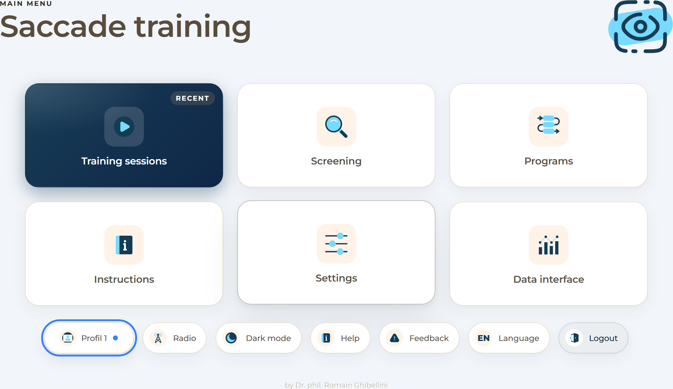 Home screen of Saccade training